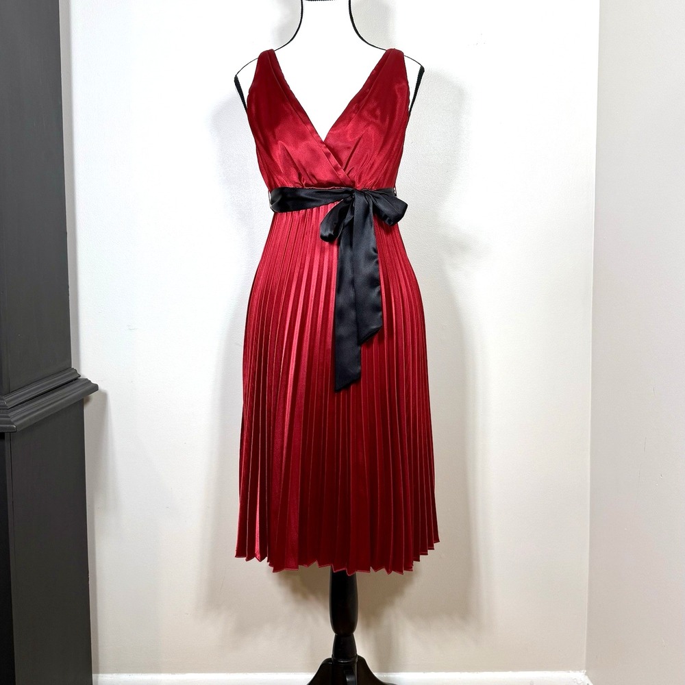B Darlin Red Satin Pleated Dress 5 Black Ribbon Waist Tie Dark Romance Glam Y2K